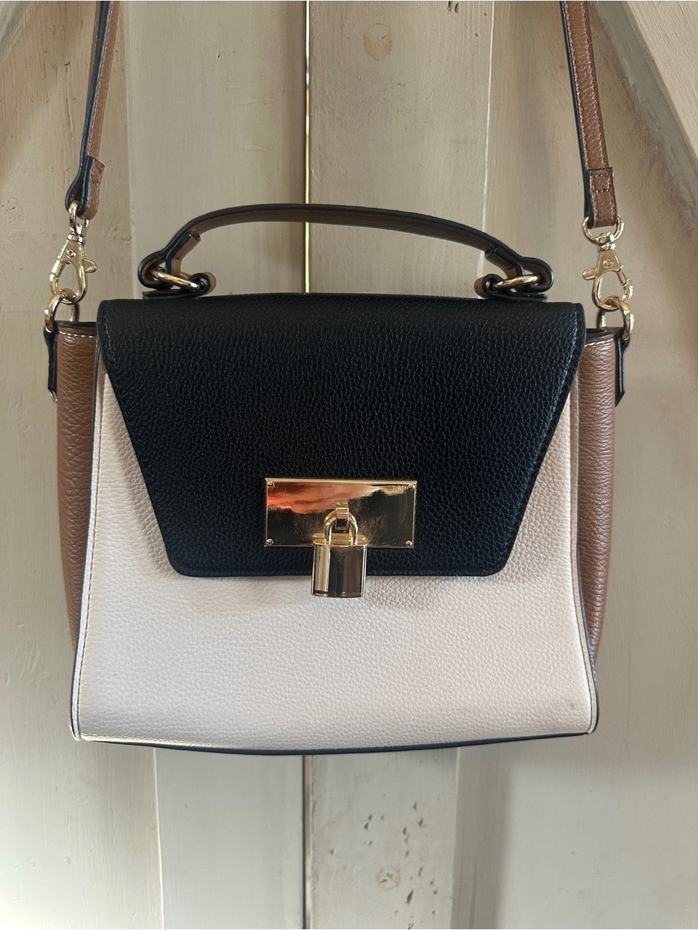 ALDO Colorblock Top Handle Satchel Crossbody Bag Black White Brown Gold Tone